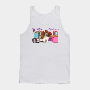 Happy birthday Cavoodle puppy dog with rose in its mouth surrounded by gifts ii. Cavapoo birthday Tank Top